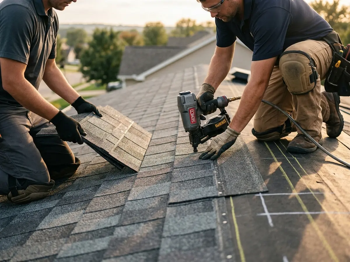 Professional roofer working on a residential roof in Wichita